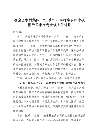 在全区农村集体“三资”、高标准农田专项整治工作推进会议上的讲话
