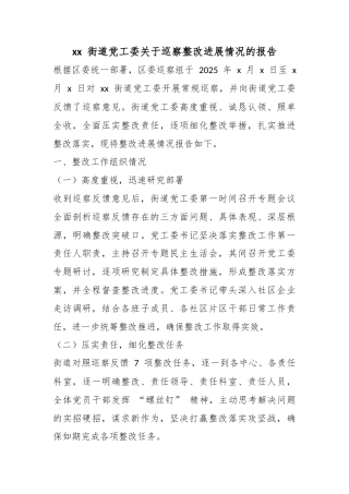 街道党工委关于巡察整改进展情况的报告