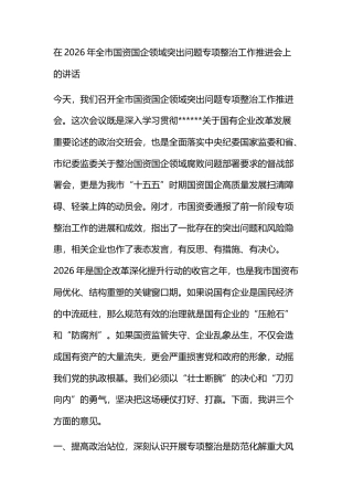 在2026年全市国资国企领域突出问题专项整治工作推进会上的讲话