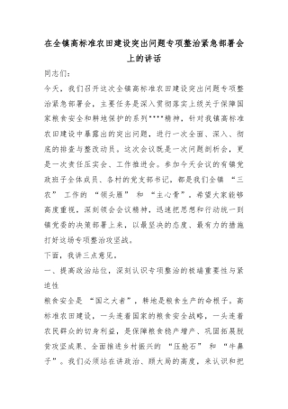 在全镇高标准农田建设突出问题专项整治紧急部署会上的讲话