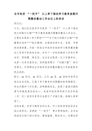 在市政府“一把手”以上率下推动学习教育查摆问题整改整治工作会议上的讲话