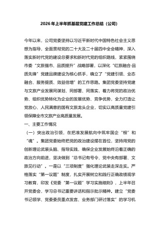 2026年上半年抓基层党建工作总结（公司）