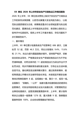 单位2026年上半年安全生产行政执法工作情况报告