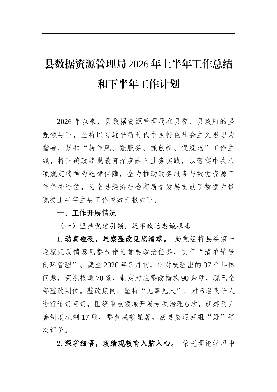 县数据资源管理局2026年上半年工作总结和下半年工作计划_第1页