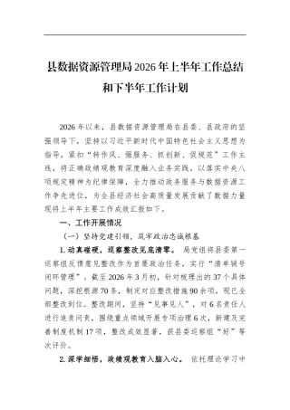 县数据资源管理局2026年上半年工作总结和下半年工作计划