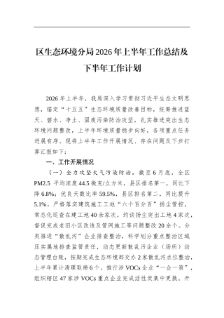 区生态环境分局2026年上半年工作总结及下半年工作计划