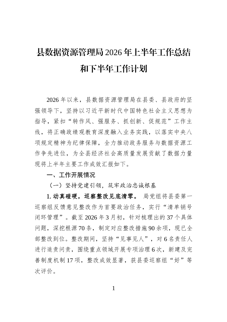 县数据资源管理局2026年上半年工作总结和下半年工作计划 (1)_第1页