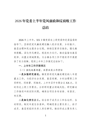2026年党委上半年党风廉政和反腐败工作总结