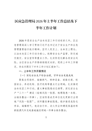 区应急管理局2026年上半年工作总结及下半年工作计划