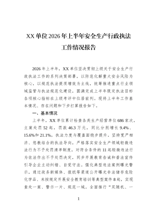 XX单位2026年上半年安全生产行政执法工作情况报告