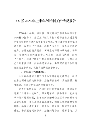 XX区2026年上半年河长制工作情况报告