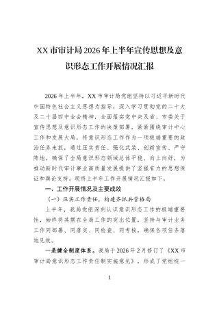 XX市审计局2026年上半年宣传思想及意识形态工作开展情况汇报