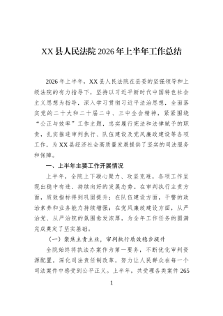 XX县人民法院2026年上半年工作总结