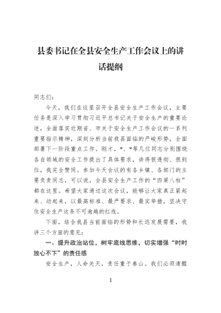 县委书记在全县安全生产工作会议上的讲话提纲