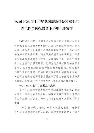 公司2026年上半年党风廉政建设和意识形态工作情况报告及下半年工作安排