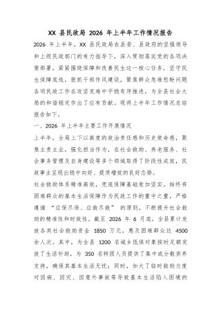 县民政局2026年上半年工作情况报告