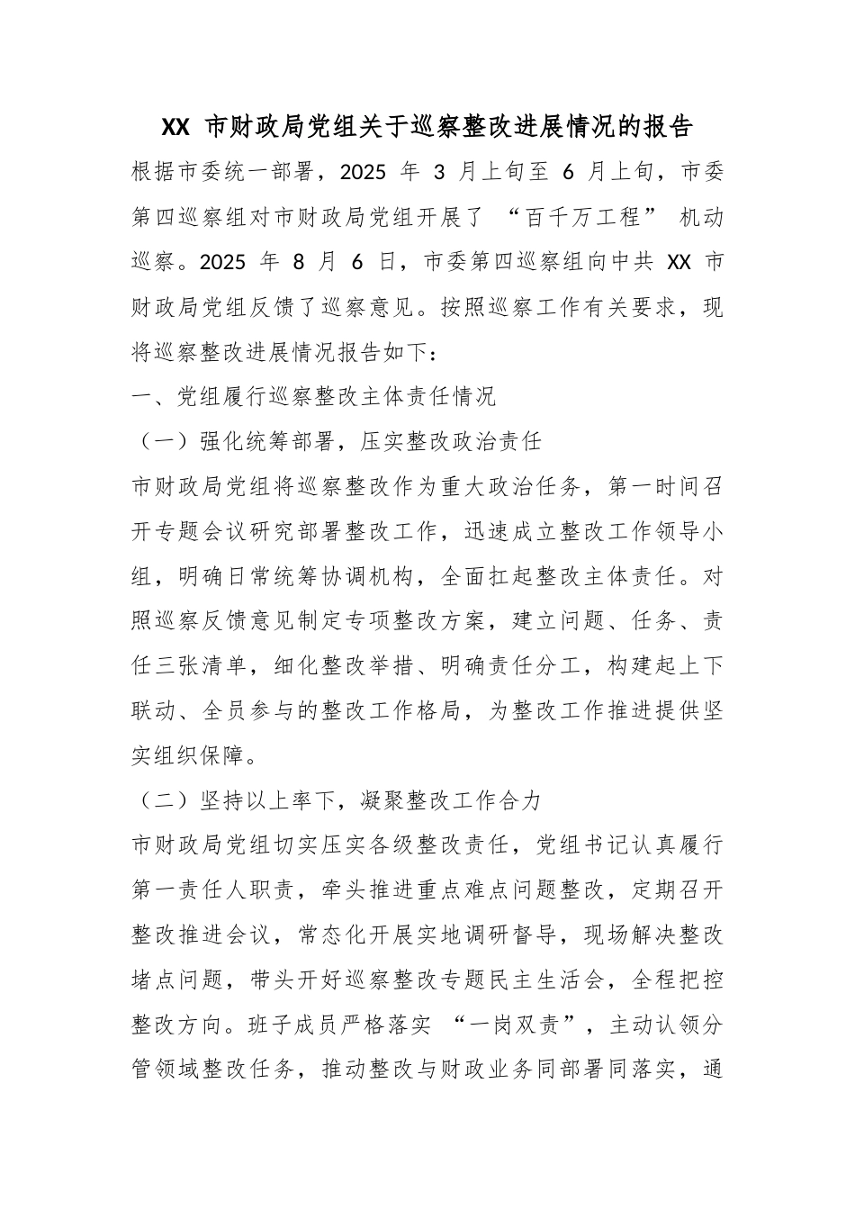 市财政局党组关于巡察整改进展情况的报告_第1页