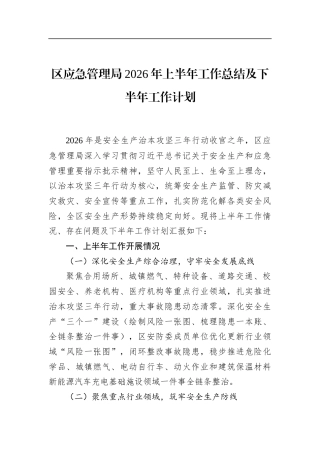 区应急管理局2026年上半年工作总结及下半年工作计划