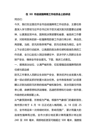 在市迎战强降雨工作动员会上的讲话