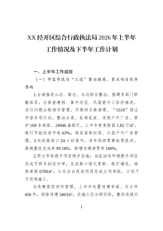 XX经开区综合行政执法局2026年上半年工作情况及下半年工作计划