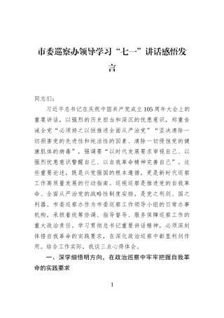 市委巡察办领导学习“七一”讲话感悟发言
