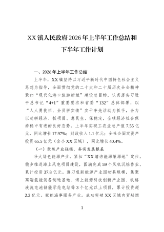XX镇人民政府2026年上半年工作总结和下半年工作计划