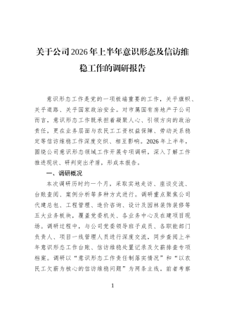 关于公司2026年上半年意识形态及信访维稳工作的调研报告