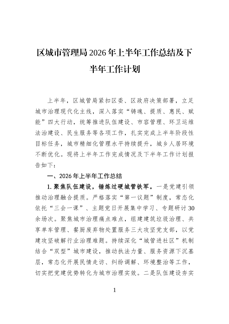 区城市管理局2026年上半年工作总结及下半年工作计划 (1)_第1页