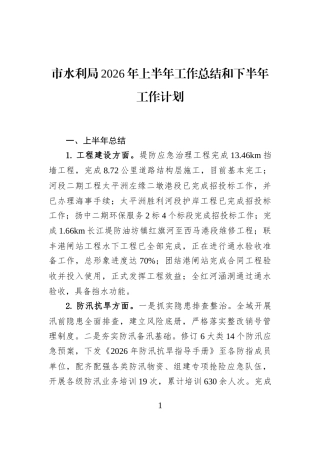 市水利局2026年上半年工作总结和下半年工作计划