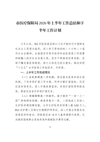 市医疗保障局2026年上半年工作总结和下半年工作计划