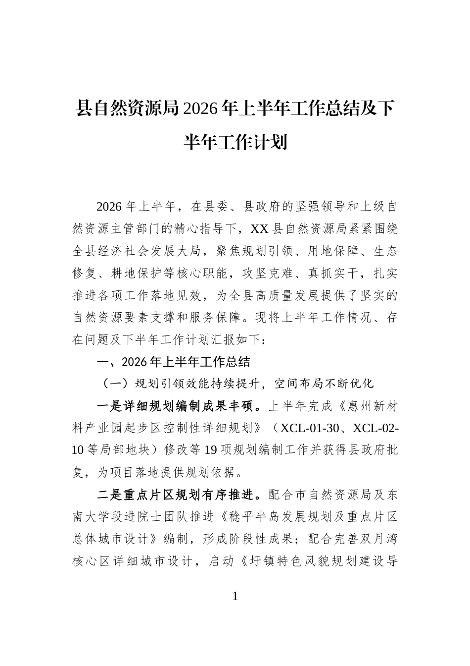 县自然资源局2026年上半年工作总结及下半年工作计划_第1页