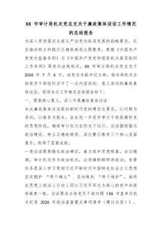市审计局机关党总支关于廉政集体谈话工作情况的总结报告
