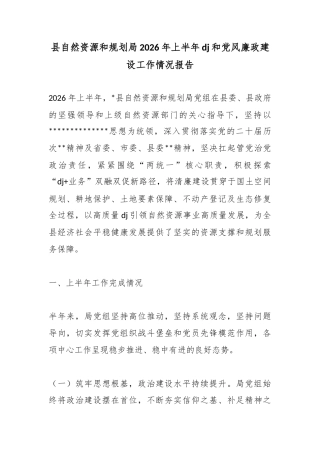 县自然资源和规划局2026年上半年党建和党风廉政建设工作情况报告