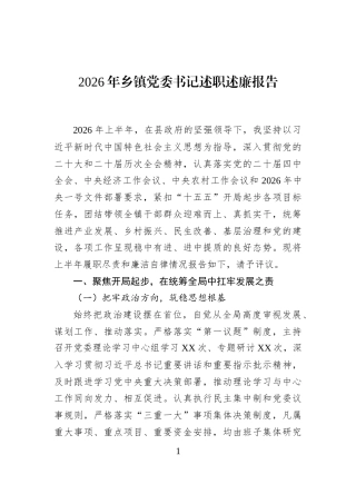 2026年乡镇党委书记述职述廉报告