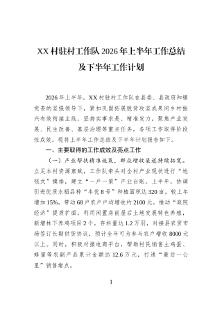 XX村驻村工作队2026年上半年工作总结及下半年工作计划