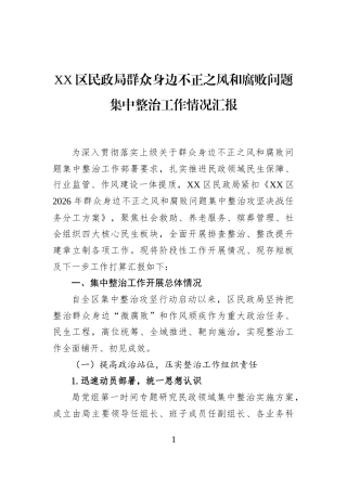 XX区民政局群众身边不正之风和腐败问题集中整治工作情况汇报