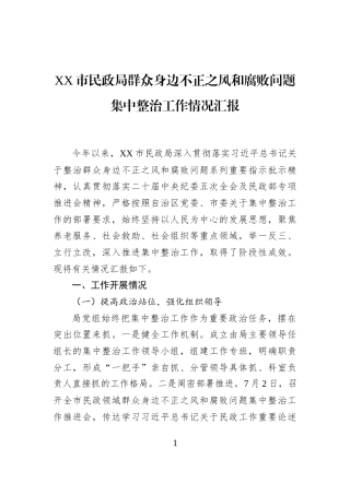 XX市民政局群众身边不正之风和腐败问题集中整治工作情况汇报