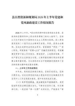 县自然资源和规划局2026年上半年党建和党风廉政建设工作情况报告 (1)