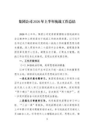 集团公司2026年上半年统战工作总结