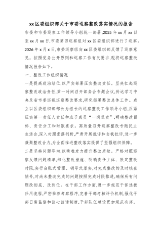 区委组织部关于市委巡察整改落实情况的报告