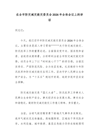 在全市防灾减灾救灾委员会2026年全体会议上的讲话