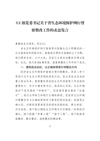 XX镇党委书记关于省生态环境保护例行督察整改工作的表态发言