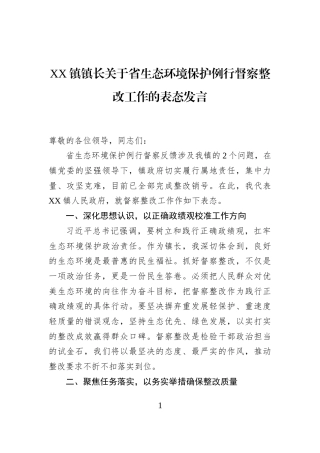XX镇镇长关于省生态环境保护例行督察整改工作的表态发言