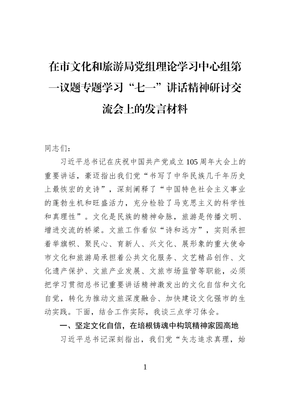在市文化和旅游局党组理论学习中心组第一议题专题学习“七一”讲话精神研讨交流会上的发言材料_第1页