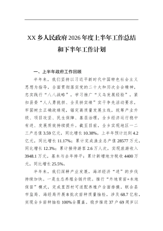 乡人民政府2026年度上半年工作总结和下半年工作计划