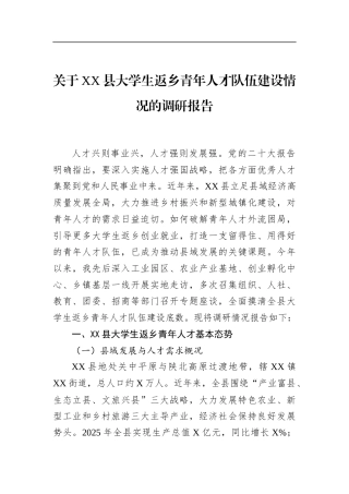 关于县大学生返乡青年人才队伍建设情况的调研报告