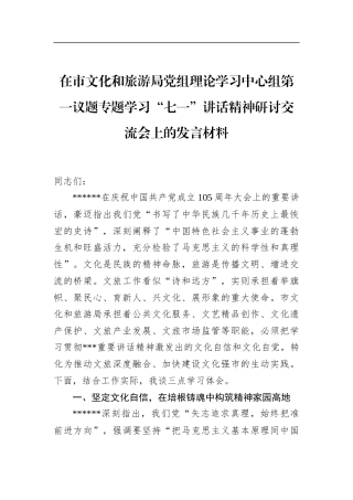 在市文化和旅游局党组理论学习中心组第一议题专题学习“七一”讲话精神研讨交流会上的发言材料