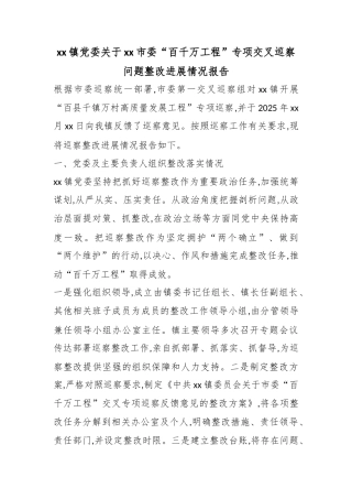 镇党委关于市委“百千万工程”专项交叉巡察问题整改进展情况报告