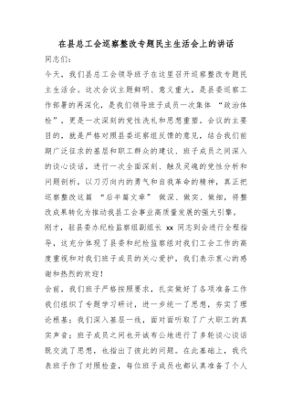 在县总工会巡察整改专题民主生活会上的讲话