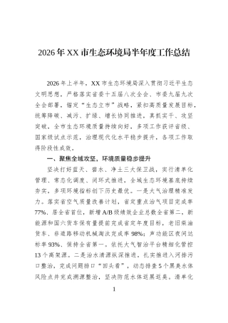2026年XX市生态环境局半年度工作总结